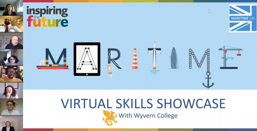 Eight speakers' cameras on the left-hand side of a webinar title screen displaying: Webinar title slide - Maritime Virtual Skills Showcase with Wyvern College, with imagery of ships, a lighthouse, anchor and a wind turbine.