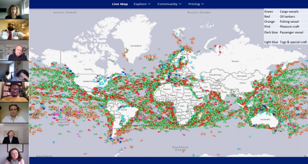 Eight attendees' cameras show on the left-hand side of a webinar slide, displaying a world map which shows all different kinds of ships that are travelling the seas at any one time.