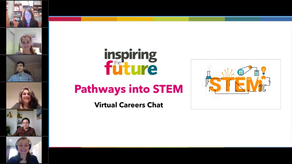 webinar screen - "Inspiring the Future Pathways into STEM Virtual careers chat" with volunteers' videos on the left-hand side.