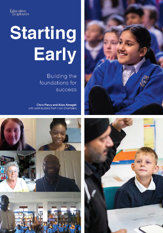 Text: Starting Early: Building the foundations for success. Report cover with images of children listening to volunteers, and a virtual session with cameras showing volunteers smiling and a class of children.