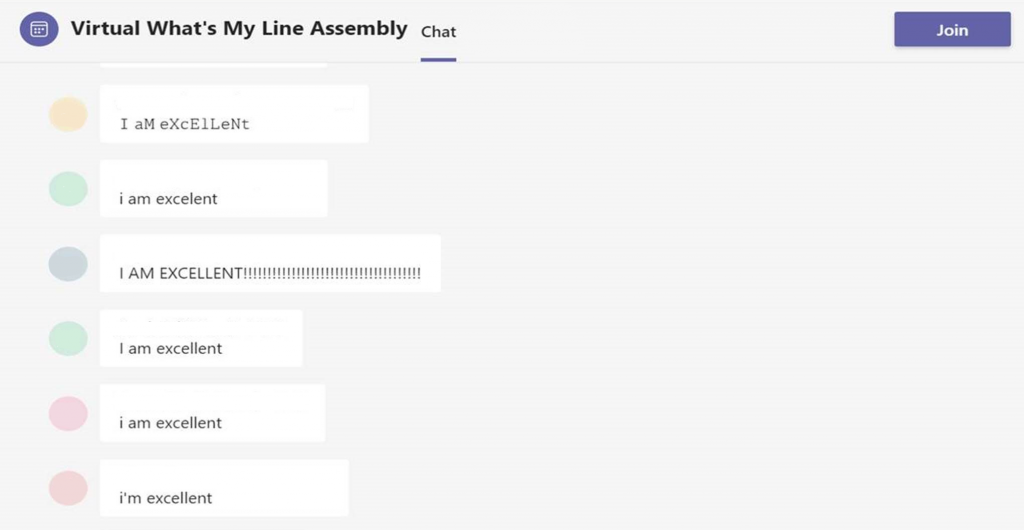 Screen of a MS Teams chat with messages from pupils saying "I am excellent!"