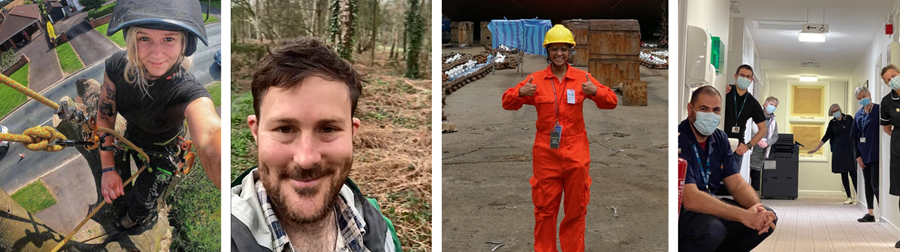 Image of four volunteers in the Uplifting Futures resource: Jaki, who is taking a selfie while climbing a tree, a selfie of Sam in a forest, Shruthi wearing an orange uniform and helmet in a ship dock, and Mike sitting in a hospital corridor with colleagues wearing masks