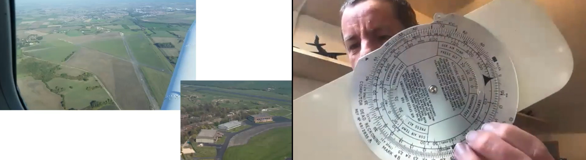 Volunteer John shows the camera an analogue computer - a silver disc with calibrations and numbers showing around the circle. The left-hand side of the image shows photos taken from a plane window over green fields and houses.