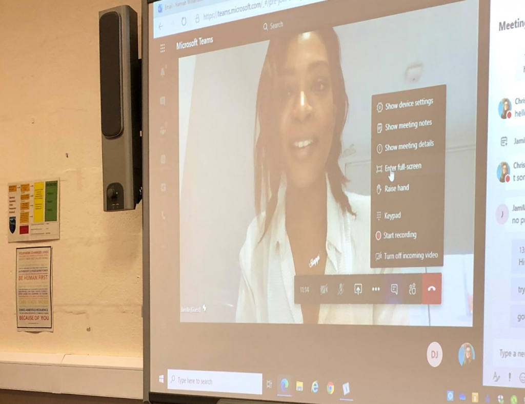 Taken from the classroom, Jamila presents to the students on an interactive whiteboard via Microsoft Teams