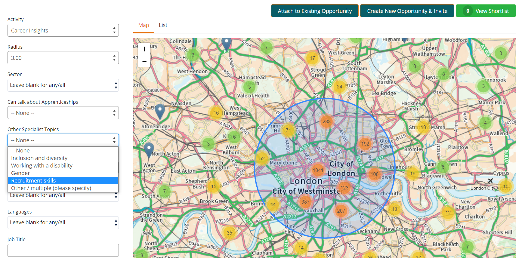 Searching for volunteers using the map view on the portal, with drop-down options on the left-hand side including "Other specialist topics": Inclusion and diversity, Working with a disability, Gender, Recruitment skills, Other