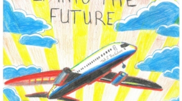 Child's drawing of a plane flying into the sky with the sun behind as part of Inspiring the Future career event.