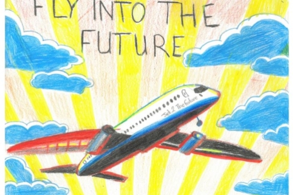 Child's drawing of a plane flying into the sky with the sun behind as part of Inspiring the Future career event.