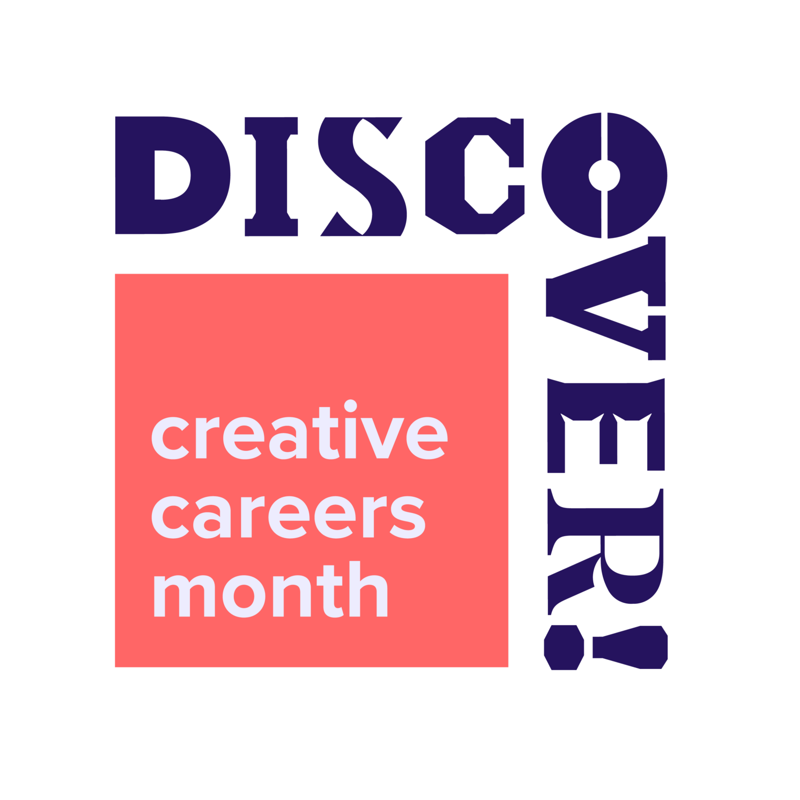 Navy DISCOVER words on the top and right of a pink square saying creative careers month
