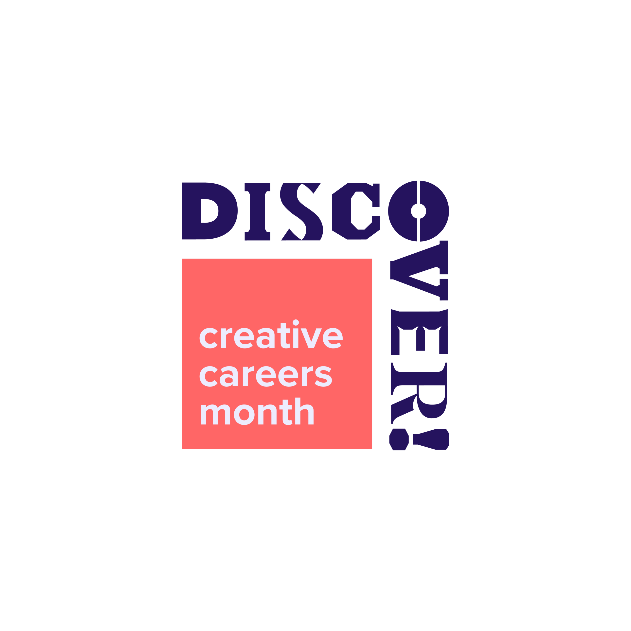 Navy DISCOVER words on the top and right of a pink square saying creative careers month