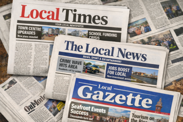 Three different local newspapers arranged on top of each other - unbranded local newspapers