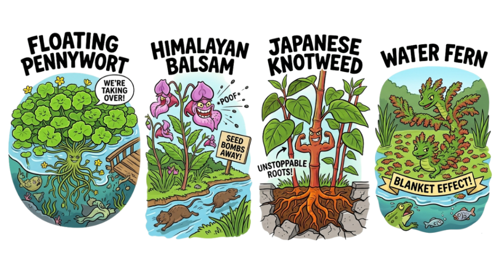 Image showing four different types of invasive plant - floating pennwort, Himalayan balsom, Japanese knotweed and Water Fern.
