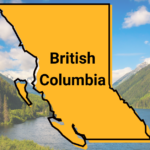 Map of British Columbia in the foreground with a stunning lake and mountains behind it.