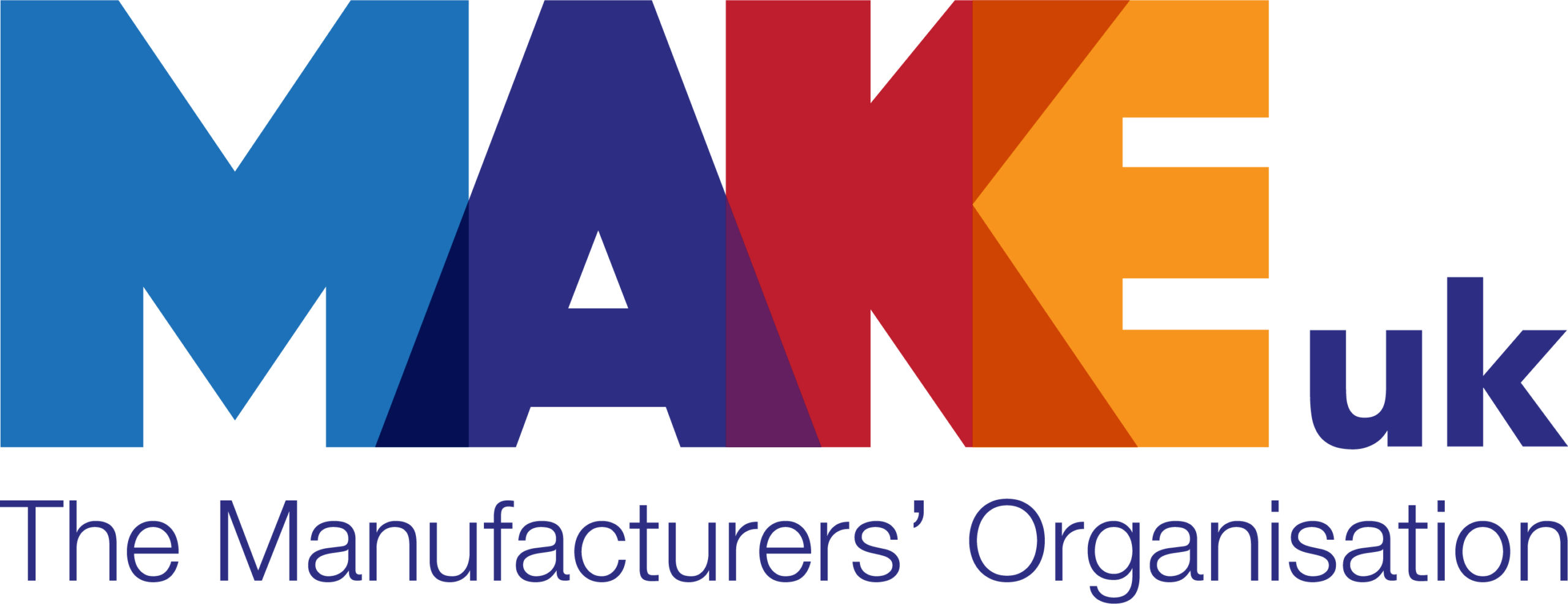 Colourful MAKE UK logo in capitals - from blue to red to orange.
