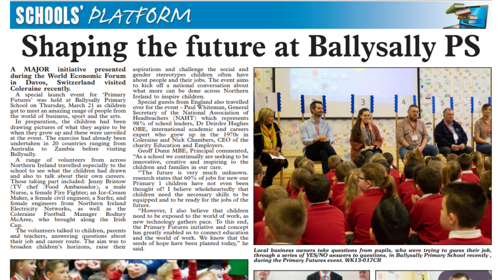 Newspaper clipping about volunteers from the world of work with the heading "Shaping the future at Ballysally Primary School" and image of children sitting listening to volunteers.
